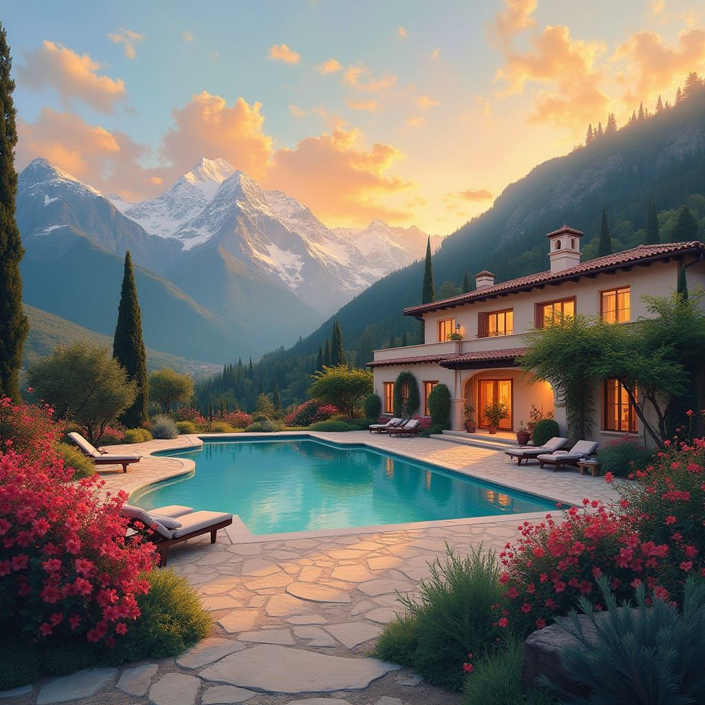 Villa Amidst Vibrant Flowers and Majestic Mountains in Impre...