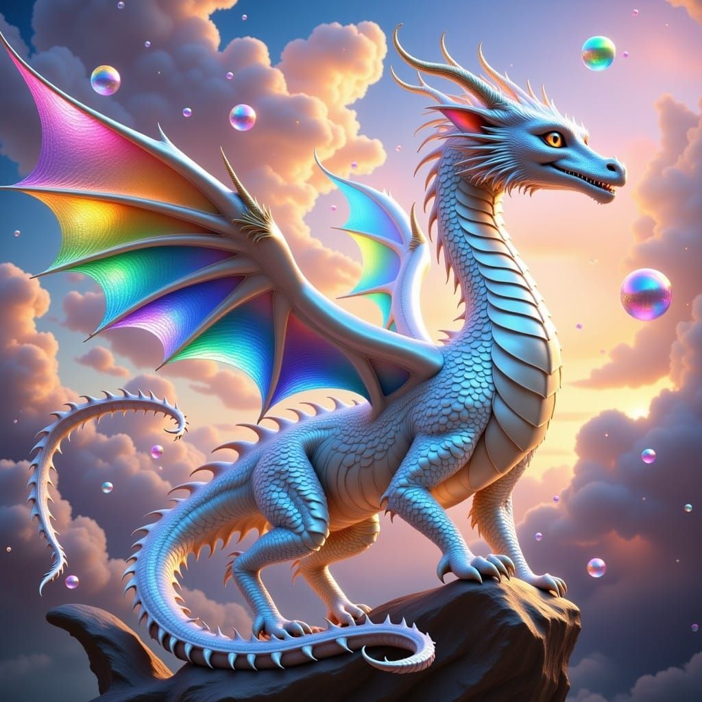 Iridescent White Dragon with Rainbow Wings, Hyperdetailed, Hyperrealistic, Maximalist, Whimsical Arthurian Background, Dramatic Skies by Phi...