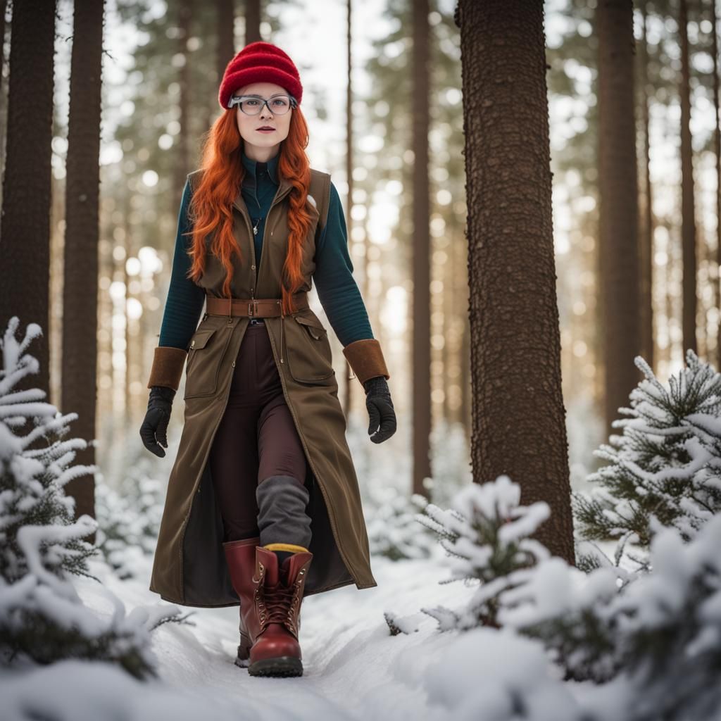 Full shot, wide shot, long shot of a woman with red hair dre...