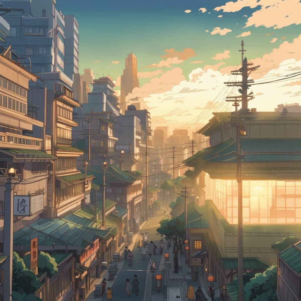 Japanese city sundown