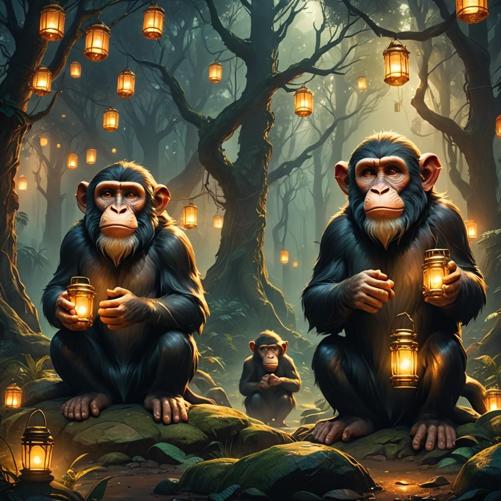 Mystical Forest: Three Wise Monkeys in Oil Painting
