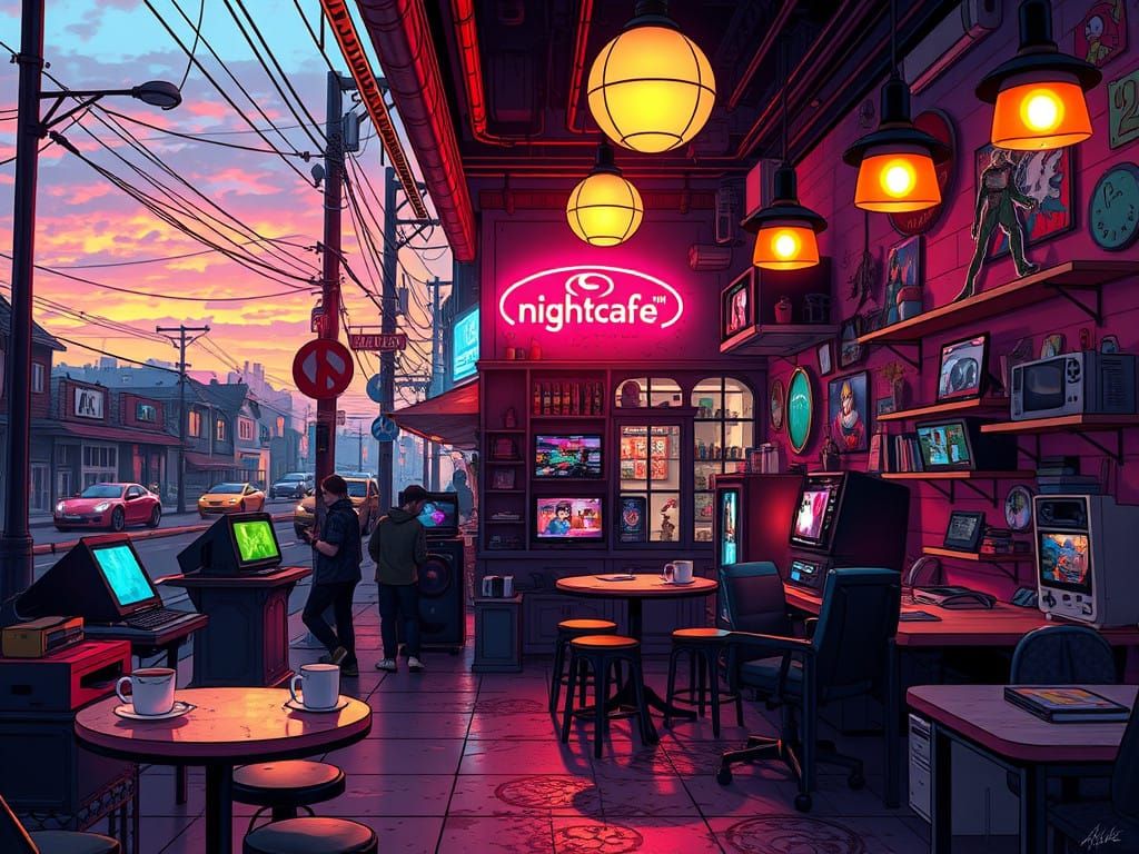A cozy video game café at night named "Nightcafé"  by @Nawak