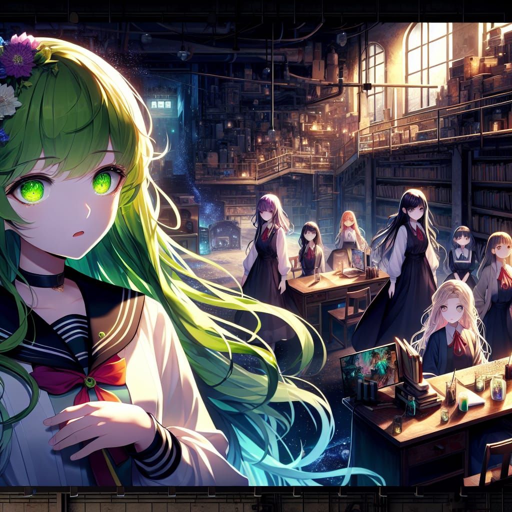 Anime girl with long lime green hair and bright green eyes i...