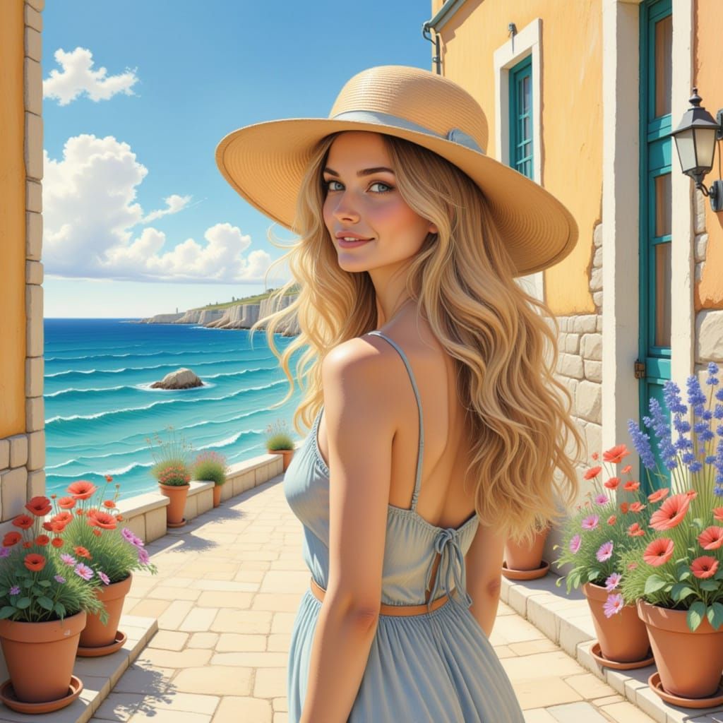 <lora:Pencil drawings:1.0> A blond woman flowing long wavy hair, with a hat on a sunny day in a street close to the meditarranean coast, flo...