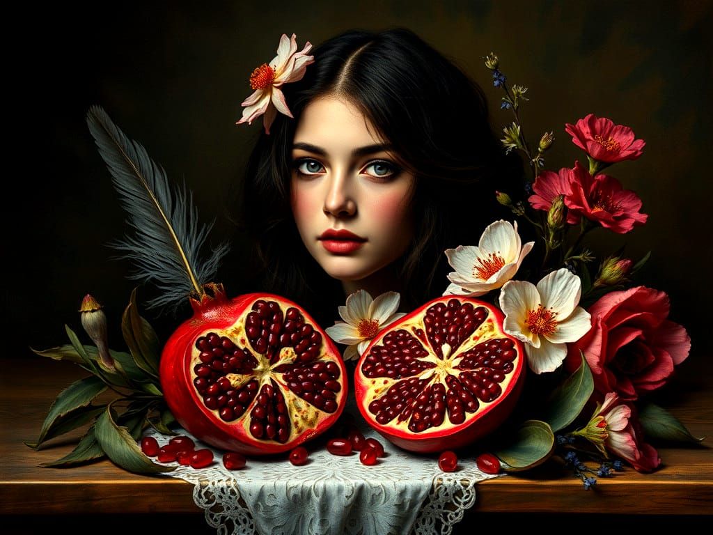 Still life with female portrait. Pomegranate. Ametrines. Feathers. Dreamy. Floral. Alcohol Ink. Bella ...  by @Noarenne
