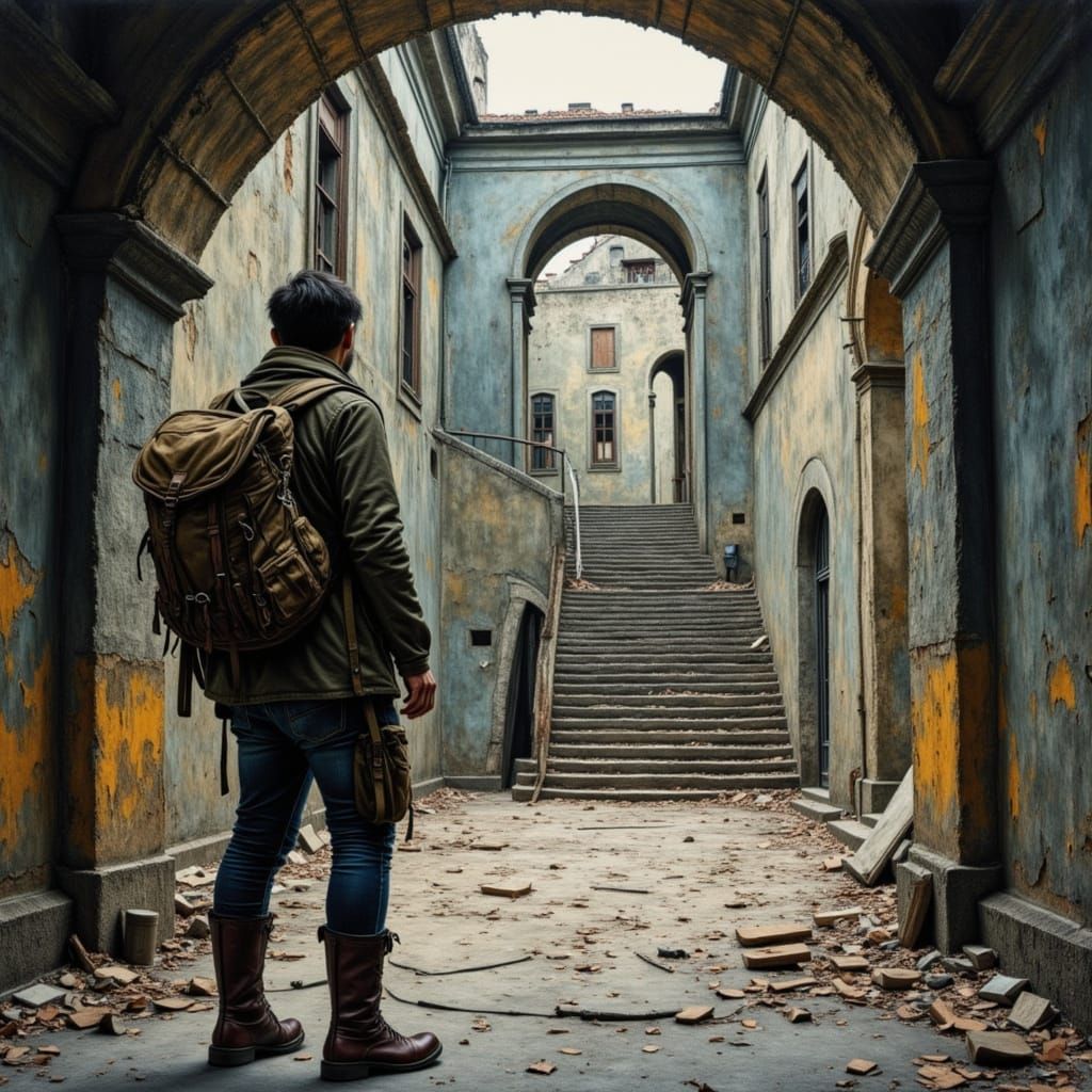 High quality <lora:Abandoned Places:1.0> Detailed modernist painting <lora:Flux Alien biopunk:1.3> of a weary traveler exploring the inside ...