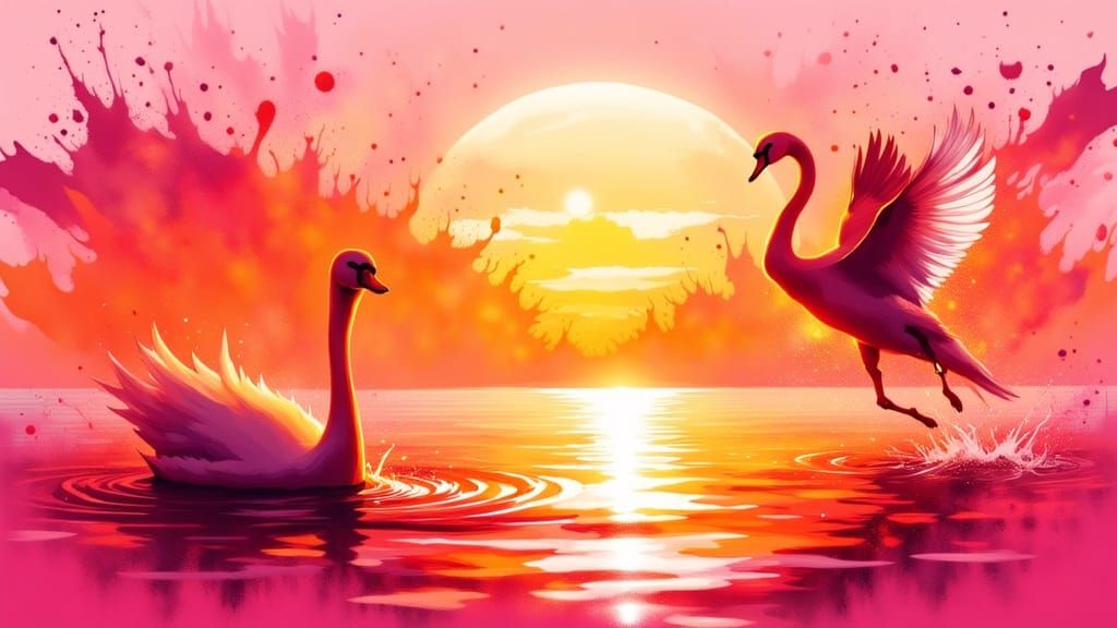 "Orange" beautiful closeup pink sunset splash art painting, silhouette of a person flying next to a swan, amazing light orange details, awes...