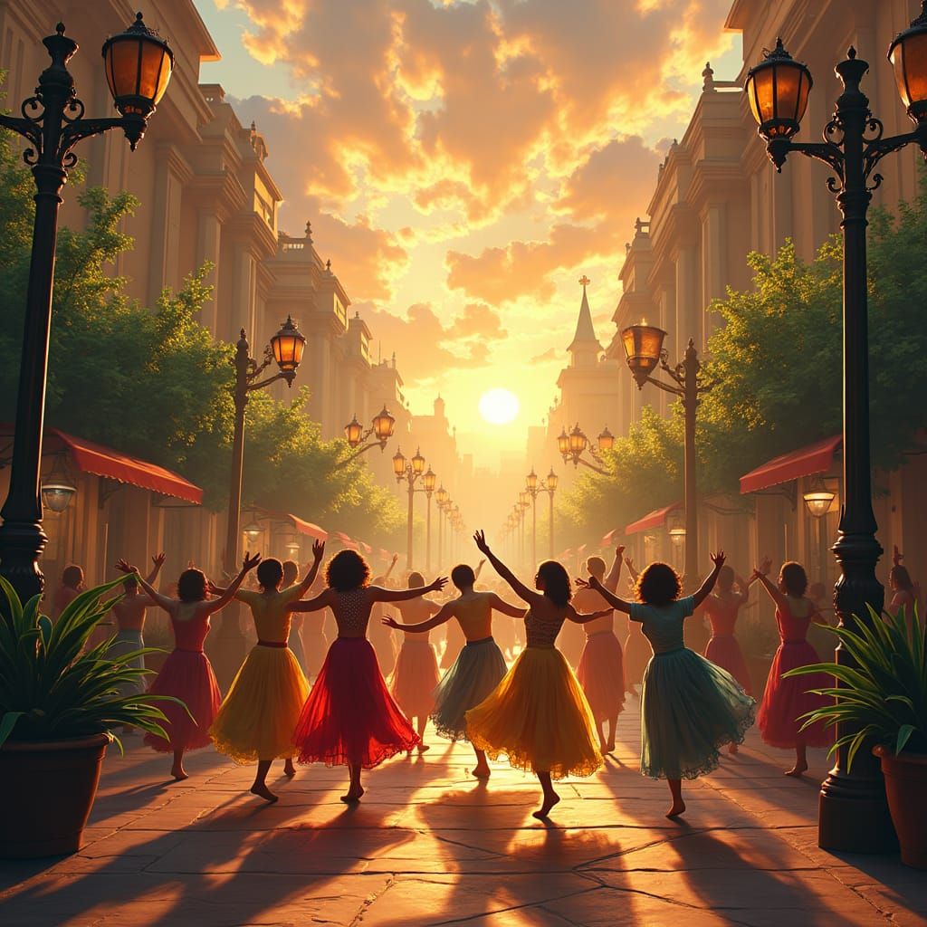 People dancing on a golden street