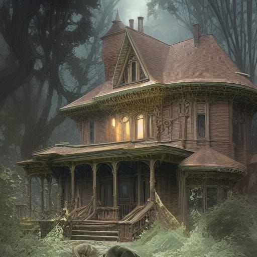 haunted house in a wood musically gifted intricate, elegant, highly ...