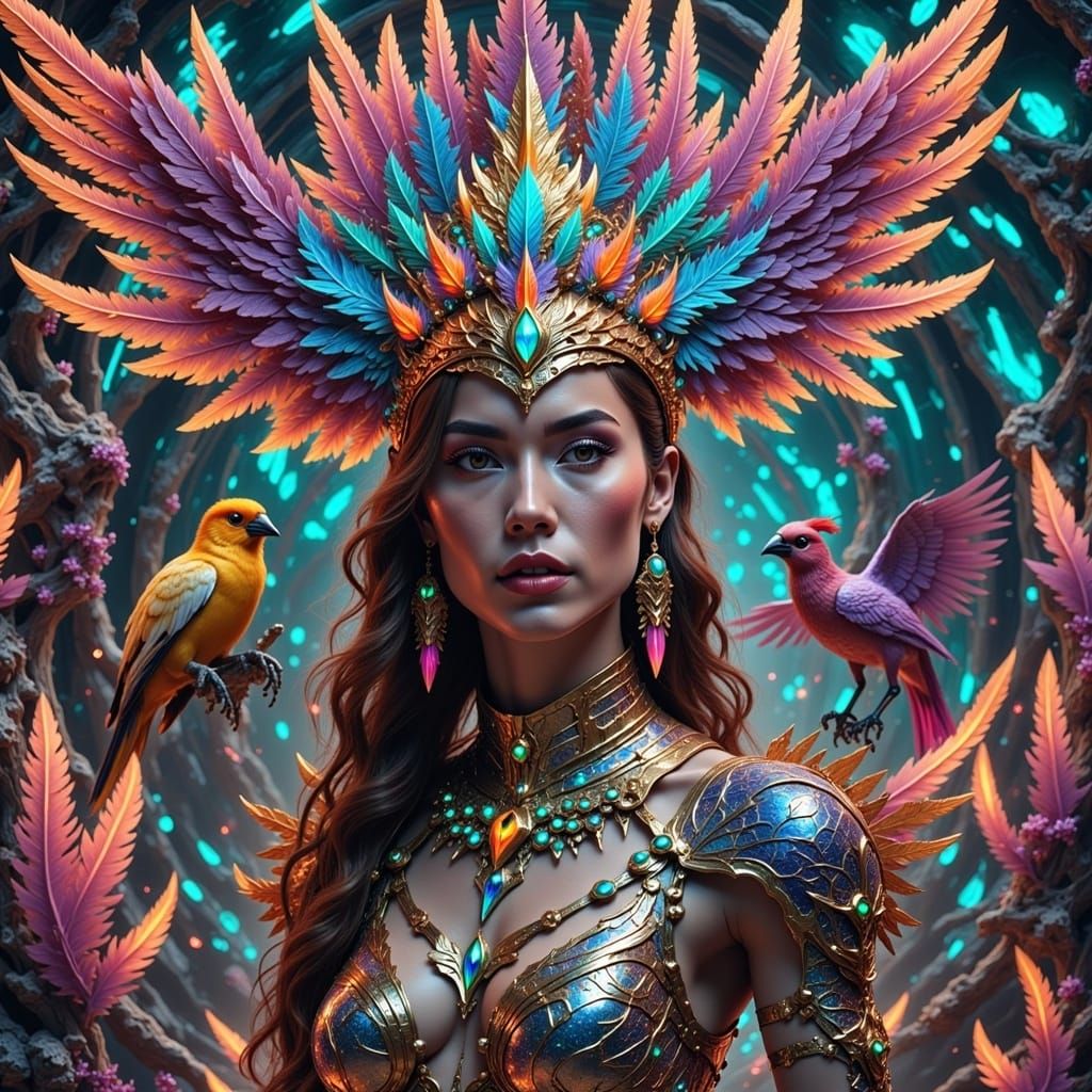 Amazing detailed photorealistic kaleidoscopic blacklight UV light portrait beautiful shaman surrounded by exotic birds bioluminescence, drea...