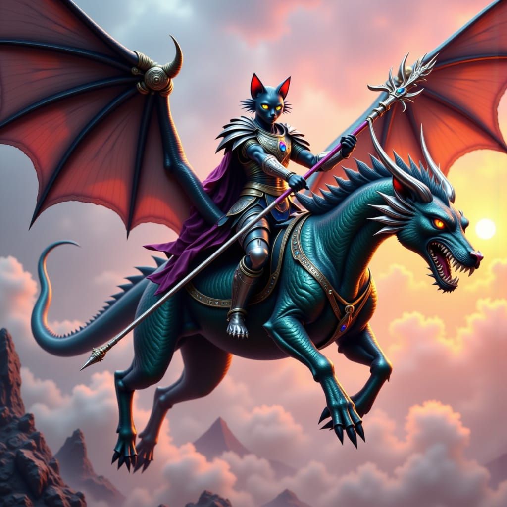 Heroic, humanoid cat warrior with feline features, dressed in ornate, silver-trimmed armor adorned with gemstones, riding a magnificent, win...