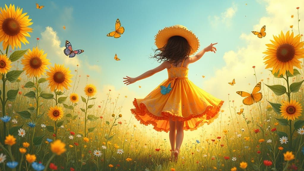 Whimsical Girl Dances in a Vibrant Meadow