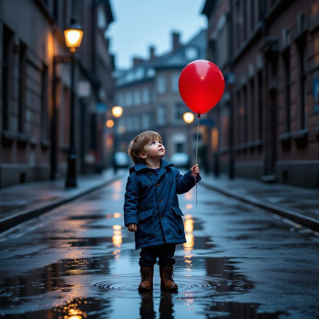 Hopeful Boy with Red Balloon on Wet Street