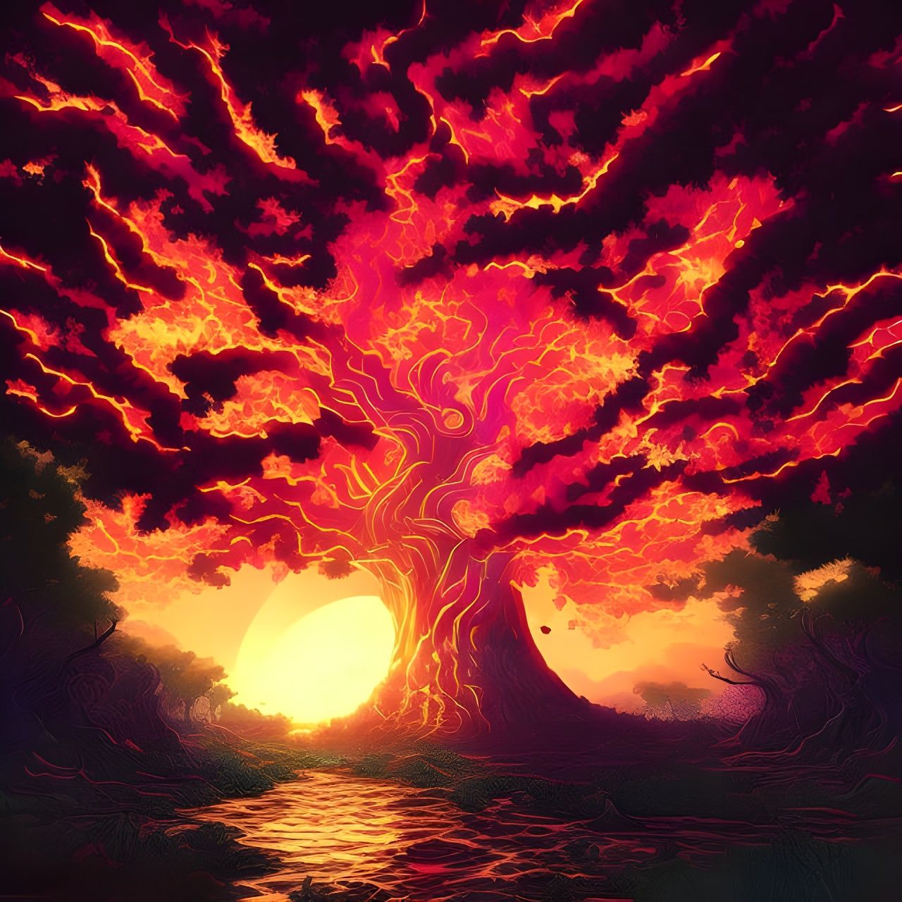 Fiery Tree in Japanese Art Style