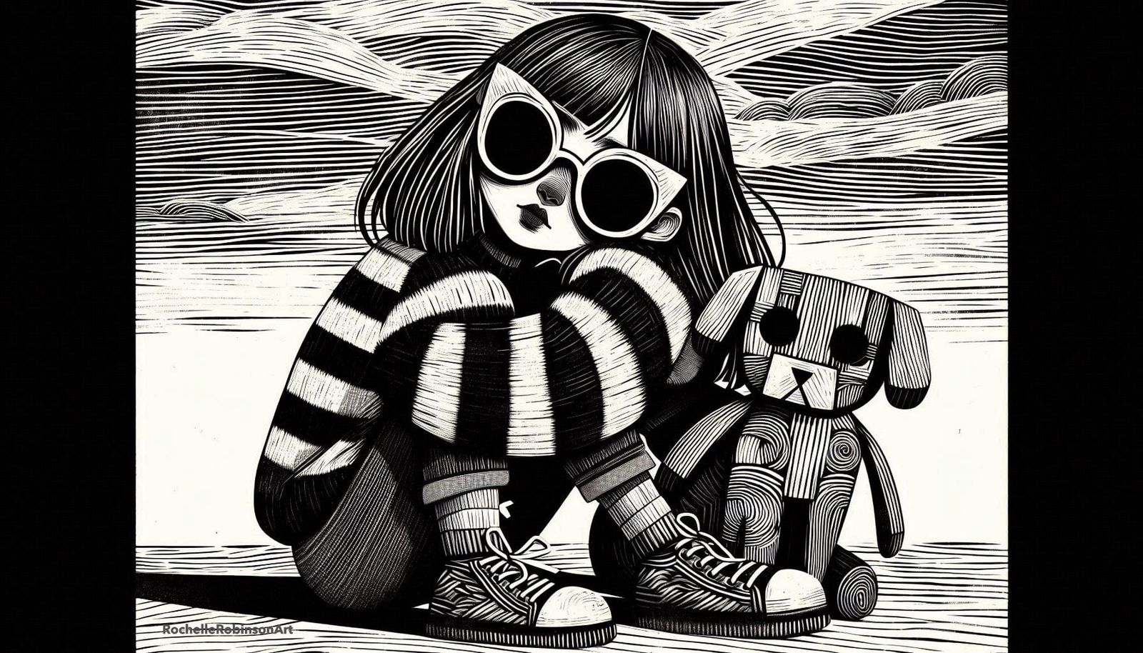 Girl and Dog - Block Print