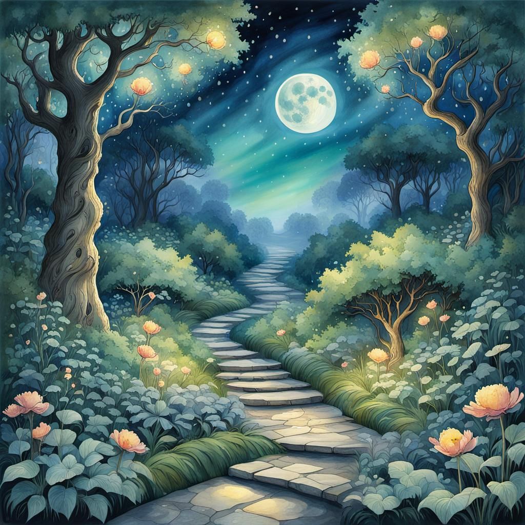 A whimsical moonlit magical garden.