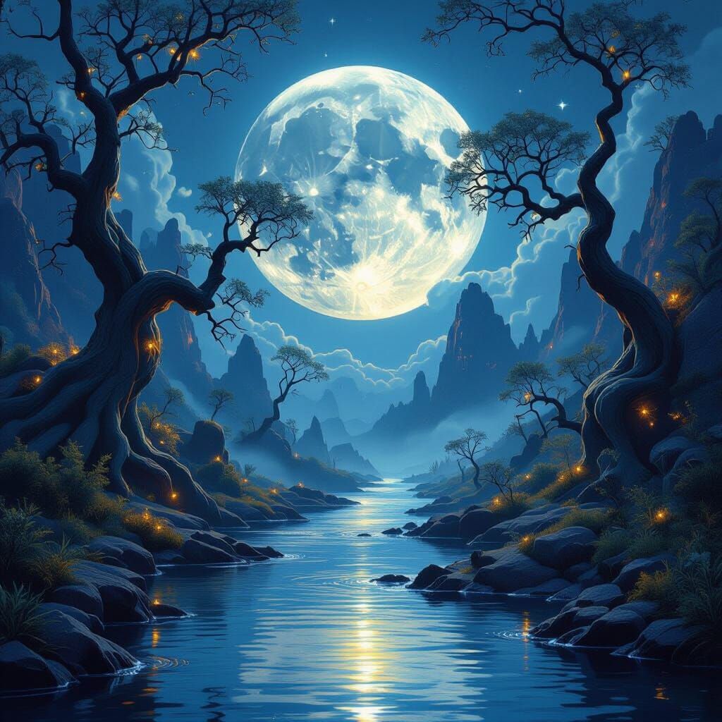 mesmerizing full moon reflected on a flowing river in a bizarre landscape with vivid night colors8K