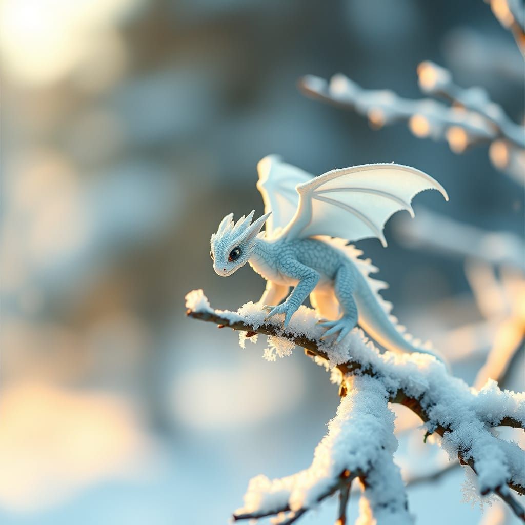 A little white dragon sitting on a branch covered in snow
  by @Taco Fan 101