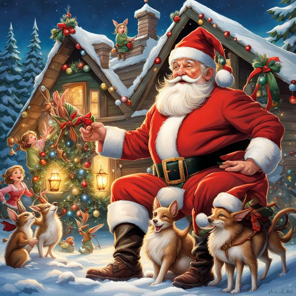 Papa noel con muchos elfos en el polo norte en frente de su ...