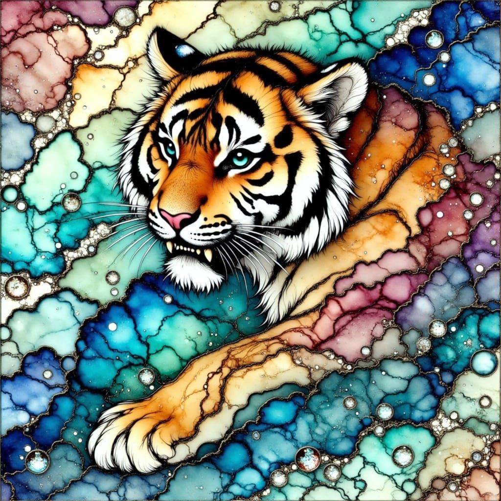 <lora:Alcohol Ink Splash:1.0> stained glass alcohol ink splash beautiful tiger Japanese ink wash 