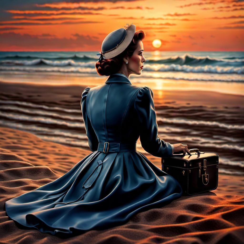 Lonely widow sitting at the beach, waiting for his husband back from the World War II, Sunset background, ...  by @Alan