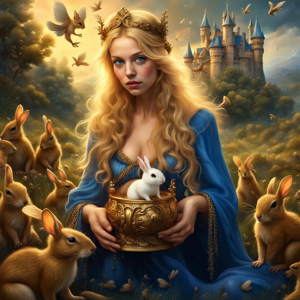Fairy with Rabbit Lamp and Angels, Fantasy Art