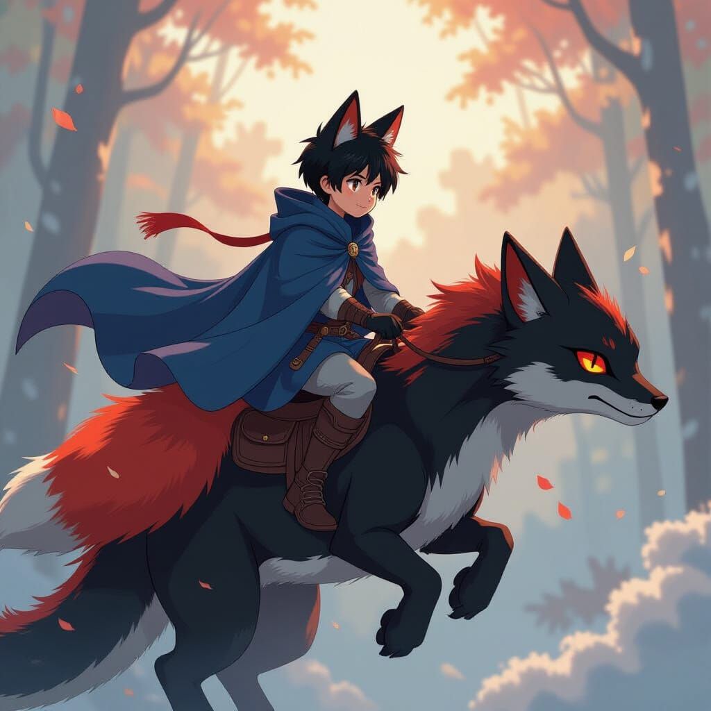 Boy with Fox Ears Rides Black Dragon in Fantasy Style