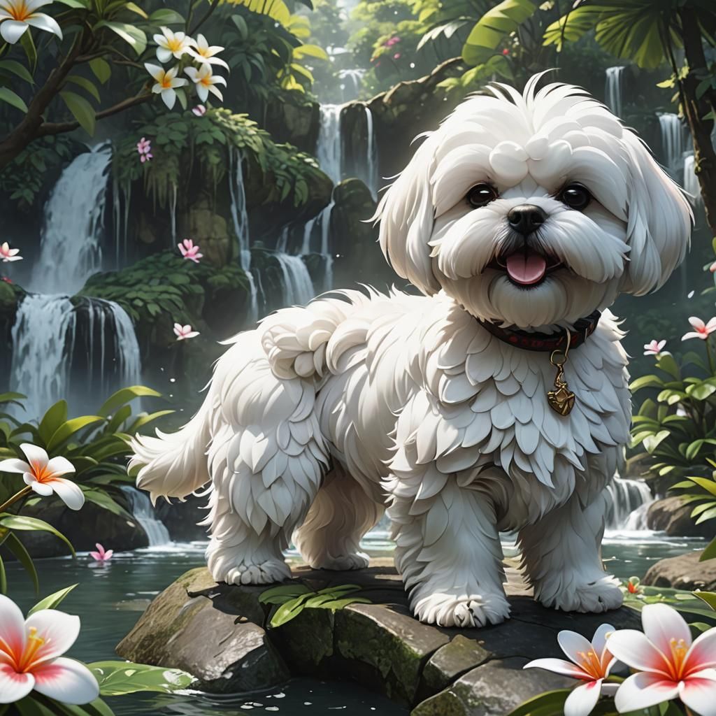 Plumeria Jungle waterfall White bichon shih tzu with under b...