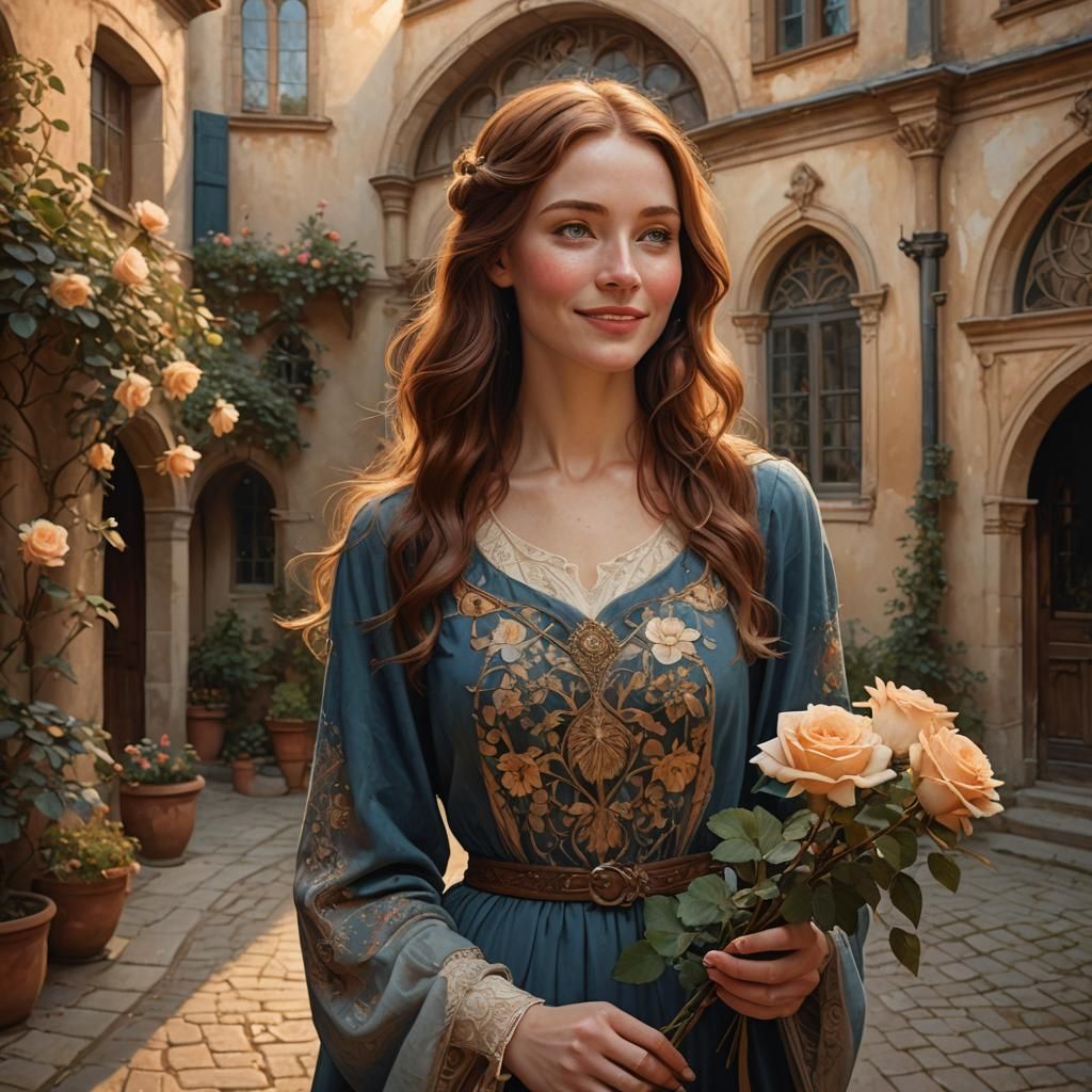 Renaissance Woman in Courtyard, Alphonse Mucha Style