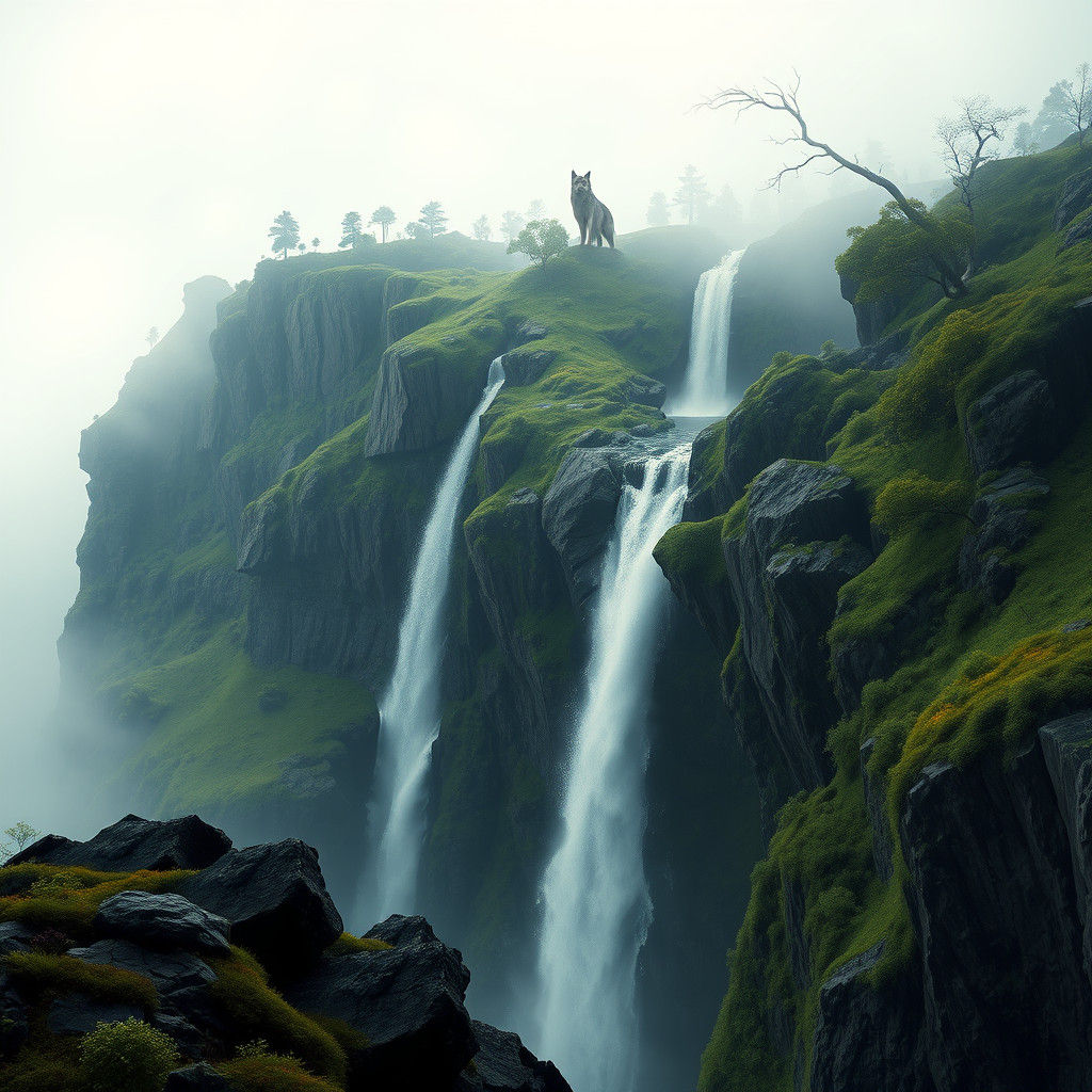 Majestic Icelandic Waterfall with Wolf, Matte Painting