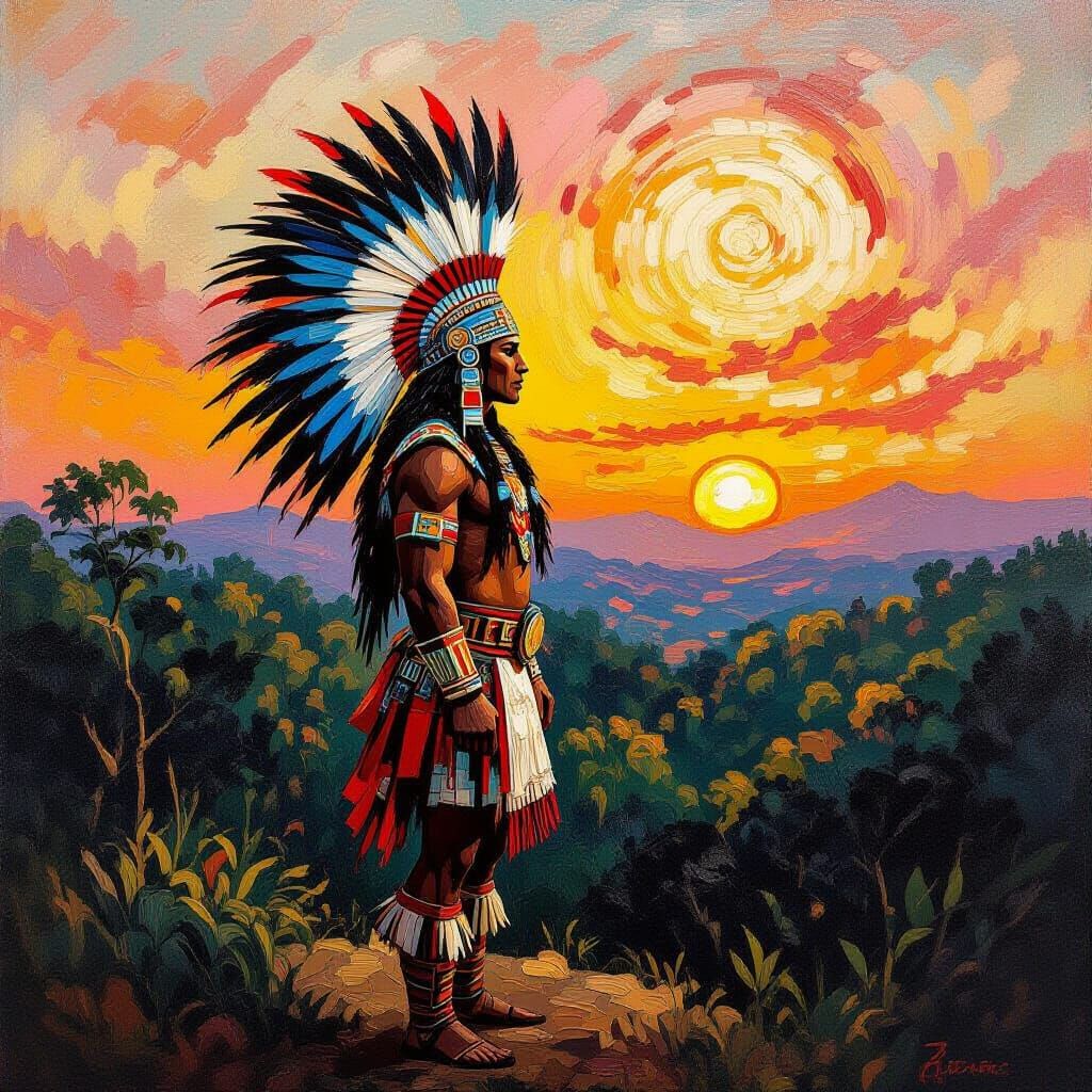 An Aztec warrior standing tall above a forest at
sunrise, expressive swirling sky, textured brushstrokes
and ...  by @Everart