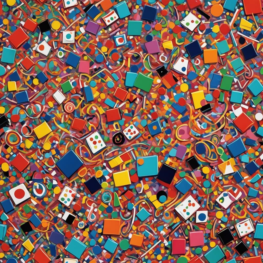 A vibrant, Abstract Expressionist picture of shapes, lines, ...