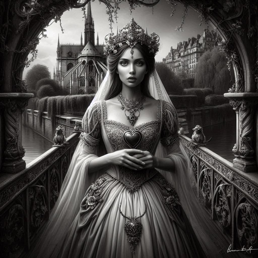Upon the bridge she waits for her Prince, She stands adorned, her heart her guide.