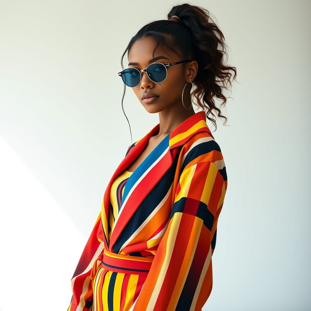 fashion-forward outfit built around bold, colorful stripes. 8k  by @Anywho