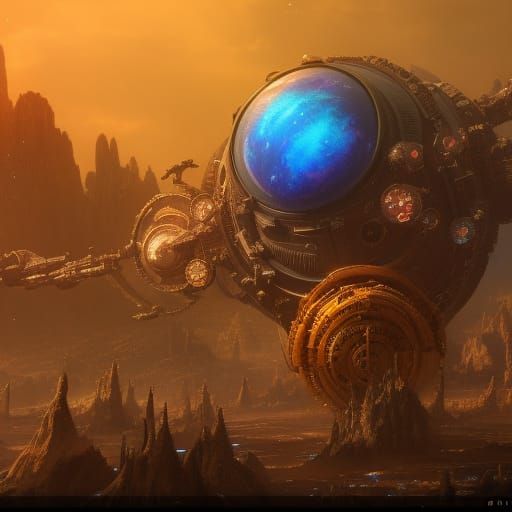 Entire planet of steampunk, vibrant, in space, stars