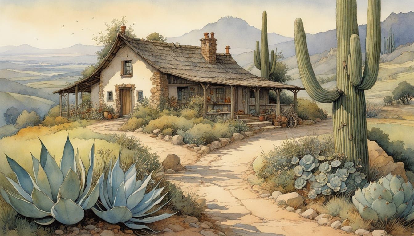 Arizona Night Storybook Illustration with Adobe House