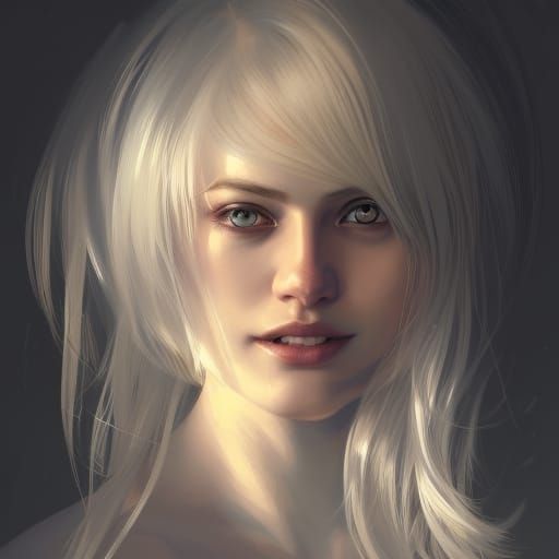 young woman with silver blonde hair smiling