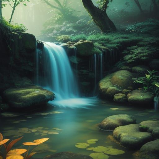 Freshwater Waterfall with Fish in Splash Art Style