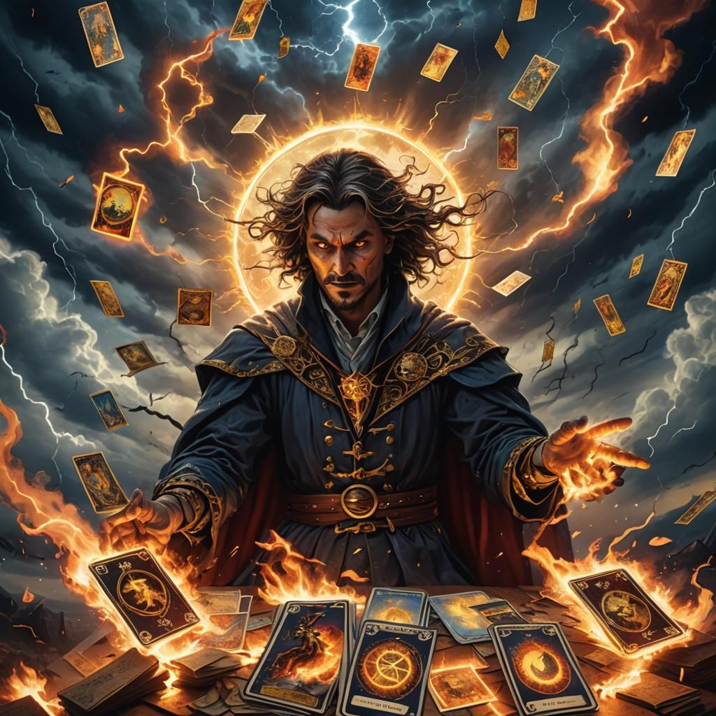 An evil magician has scattered a deck of tarot cards to the wind, and the cards that read "The Sun", "The Moon", and "Justice" are all facin...