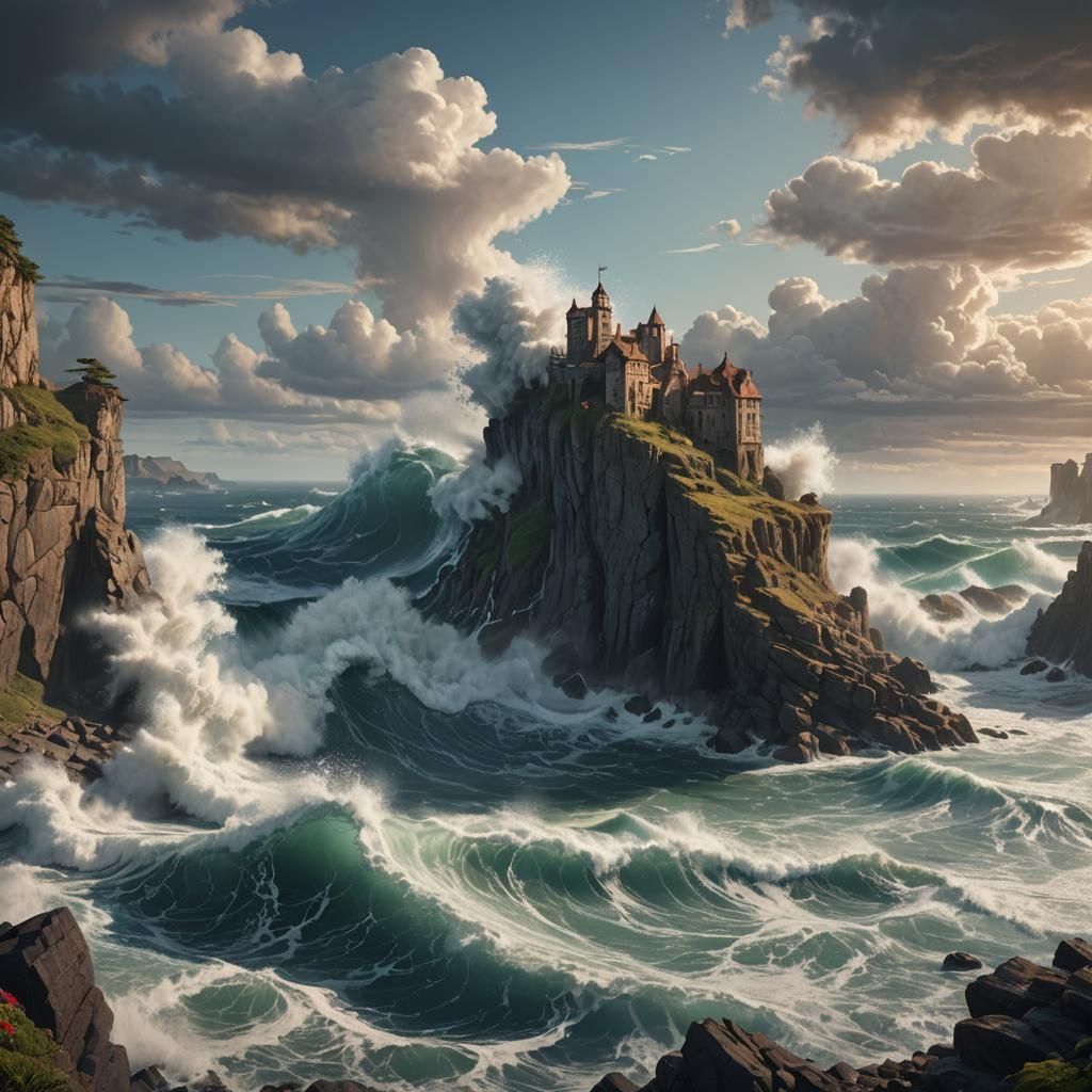 seashore with very high cliff and big waves