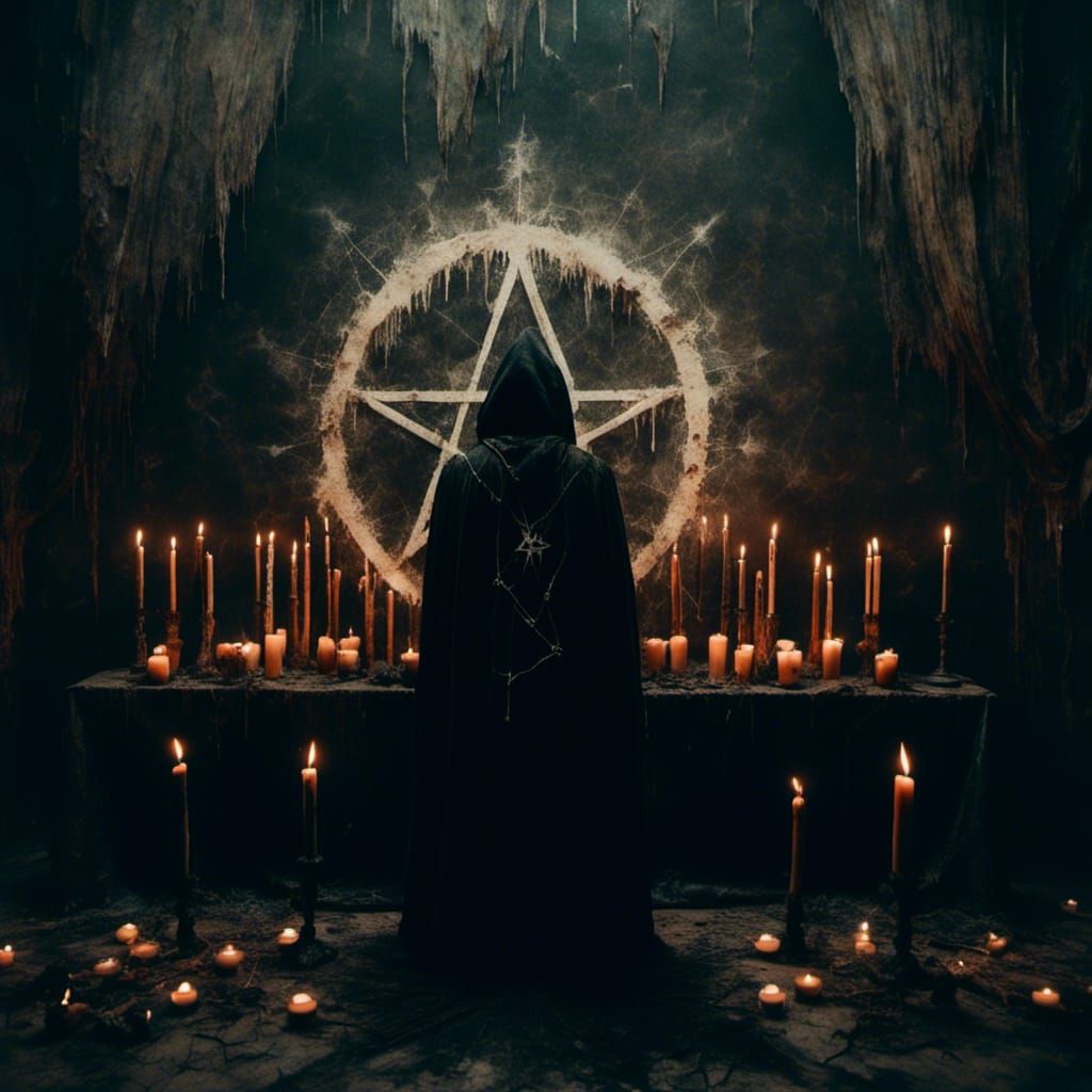<lora:Macabre:1.0> arafed man standing in the centre of a pentagram with candles at each point with a hood on his head, dark cinematic photo...
