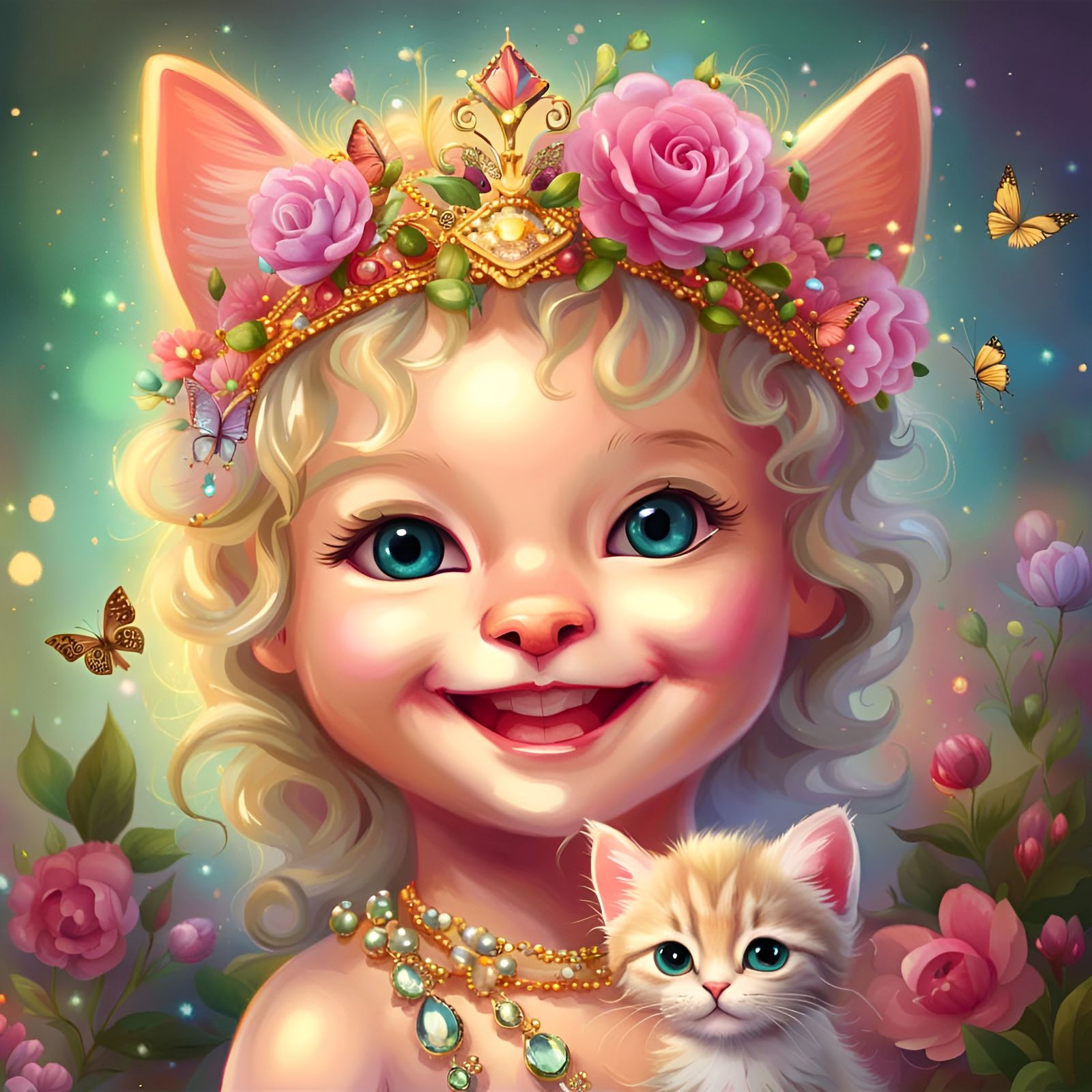 Joyous Baby-Catgirl Princess with Kitten Companion  by @Baby Isis