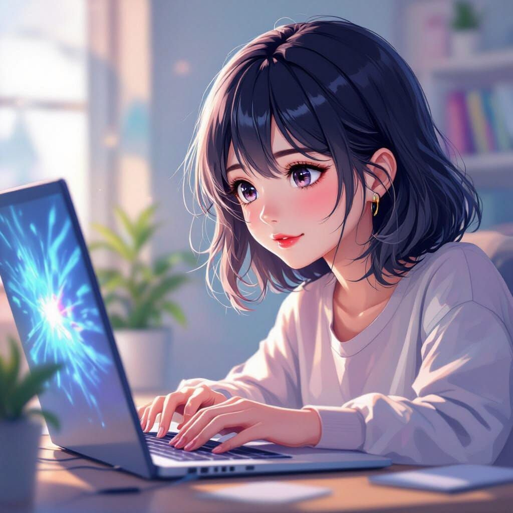 Young Artist Creates AI Art on Laptop in Anime Style