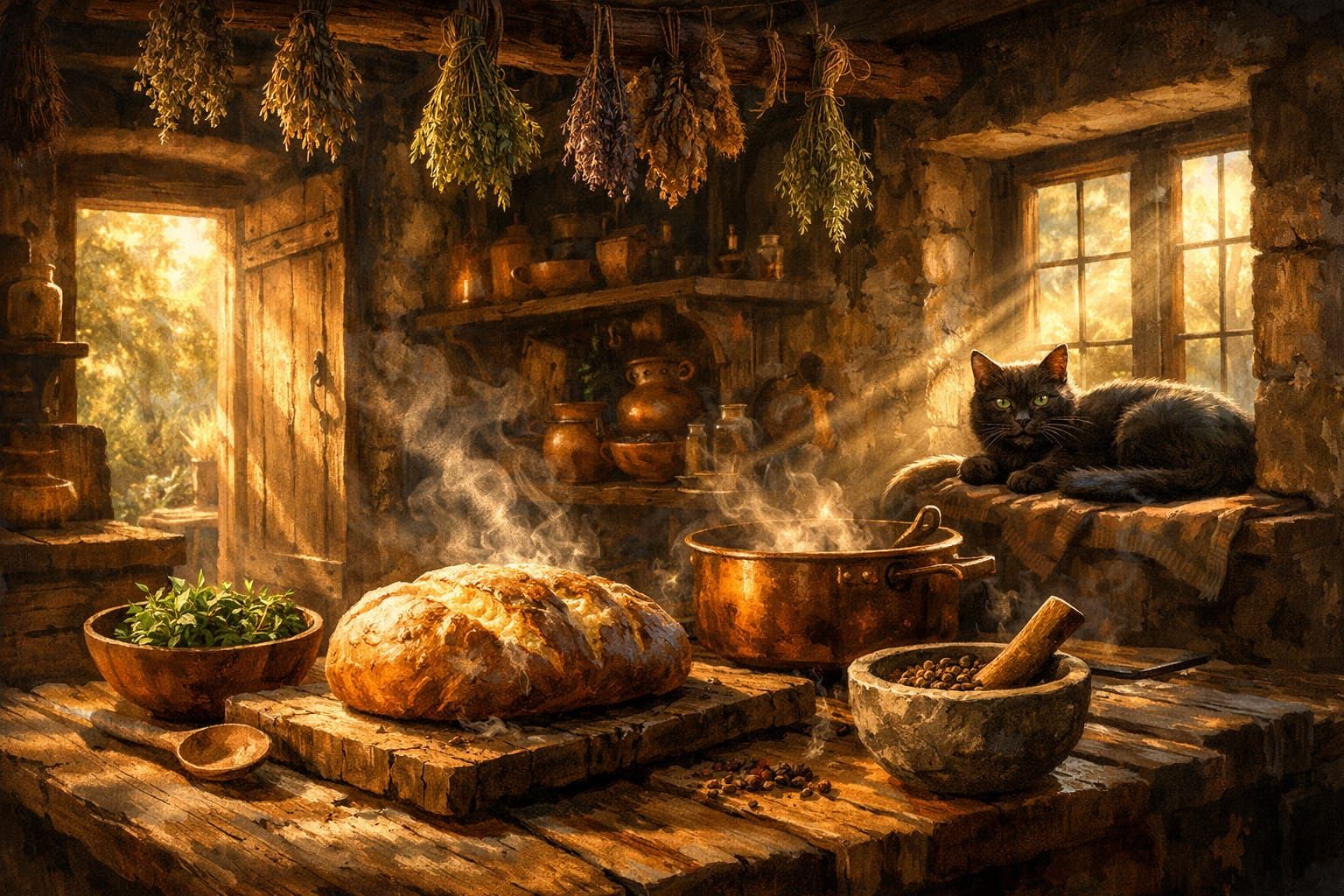 Harmony of the Silent Kitchen 🌞🌿🐱  by @TimanazArt