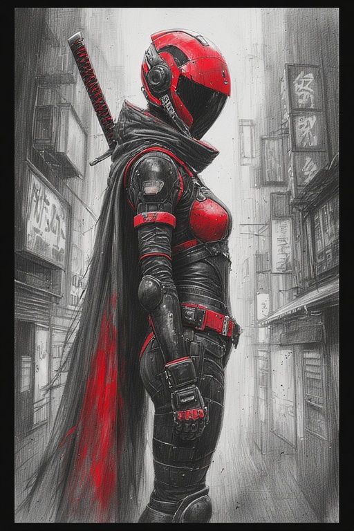 CYBERPUNK ANIME WOMAN IN A RED AND BLACK BODY ARMOR WITH A K...