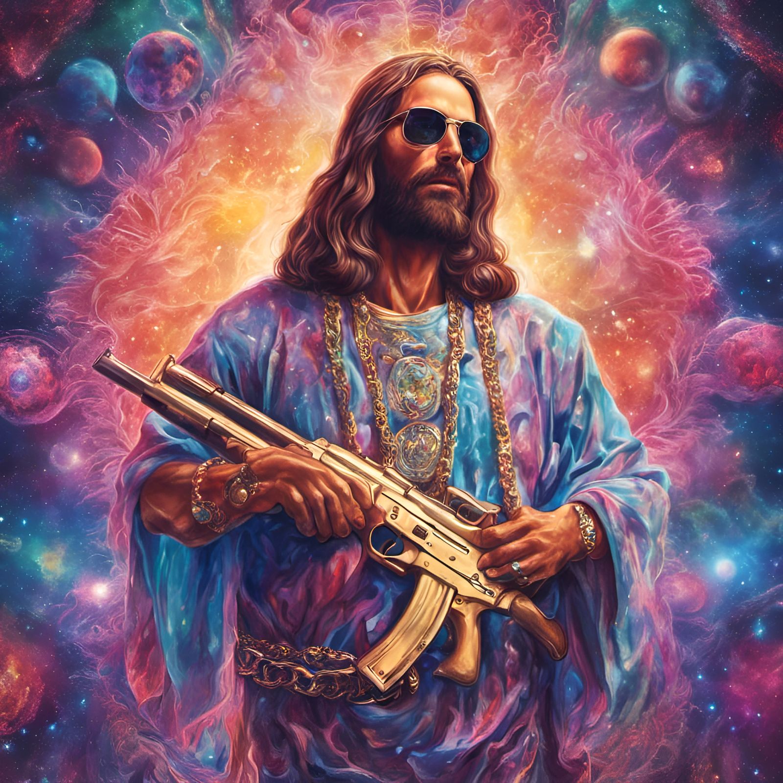 Psychedelic Jesus With Golden Assault Rifle - AI Generated Artwork ...