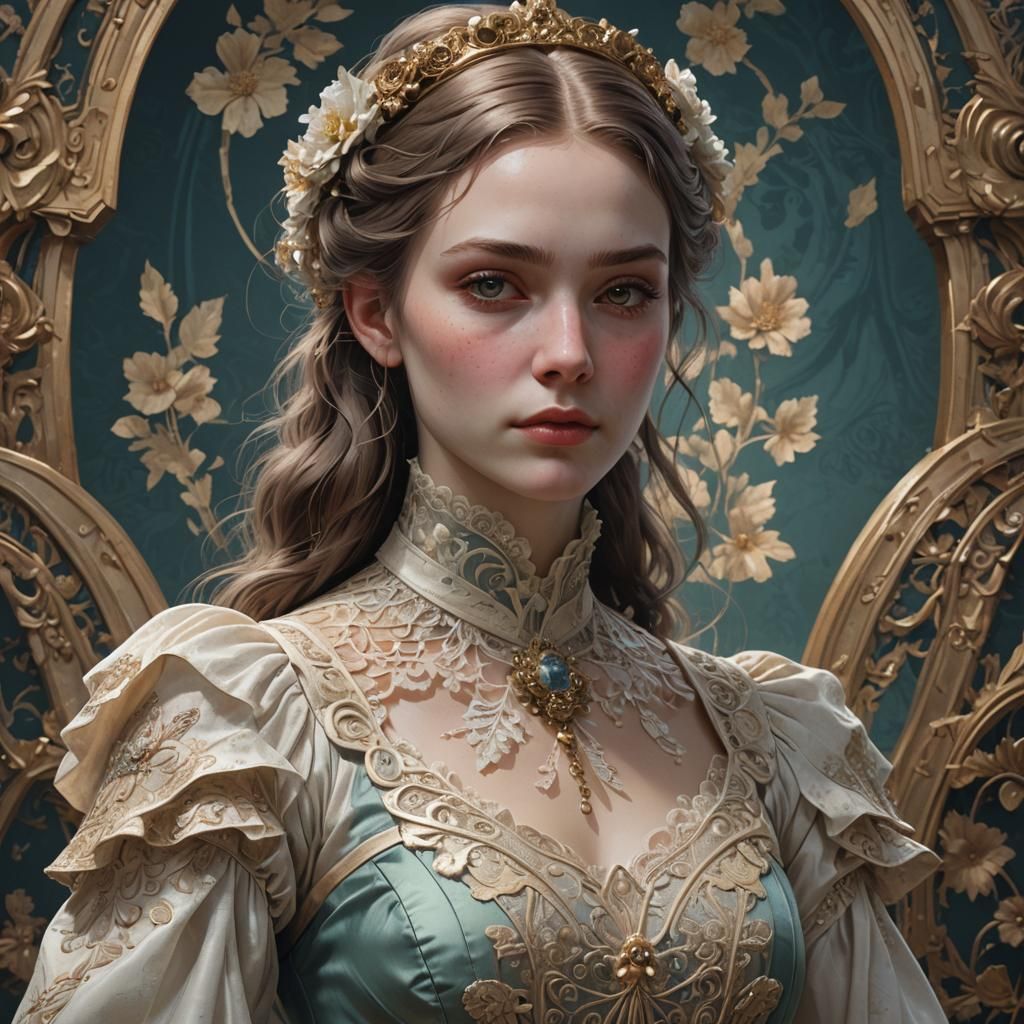 Pale girl wearing Victorian dress with mold growing on fabri...