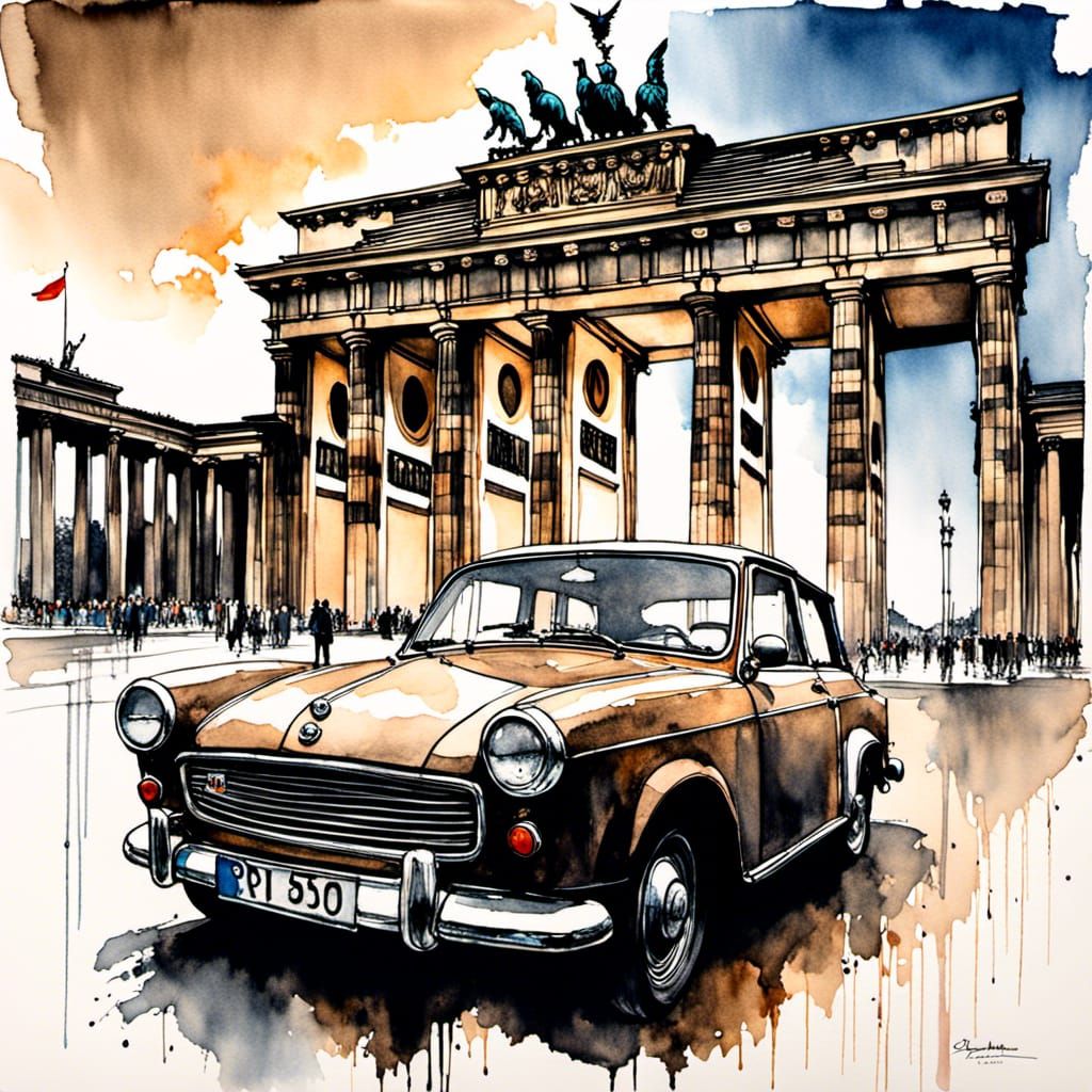 East Berlin in 1955. A Trabant P50 car speeding along the Br...