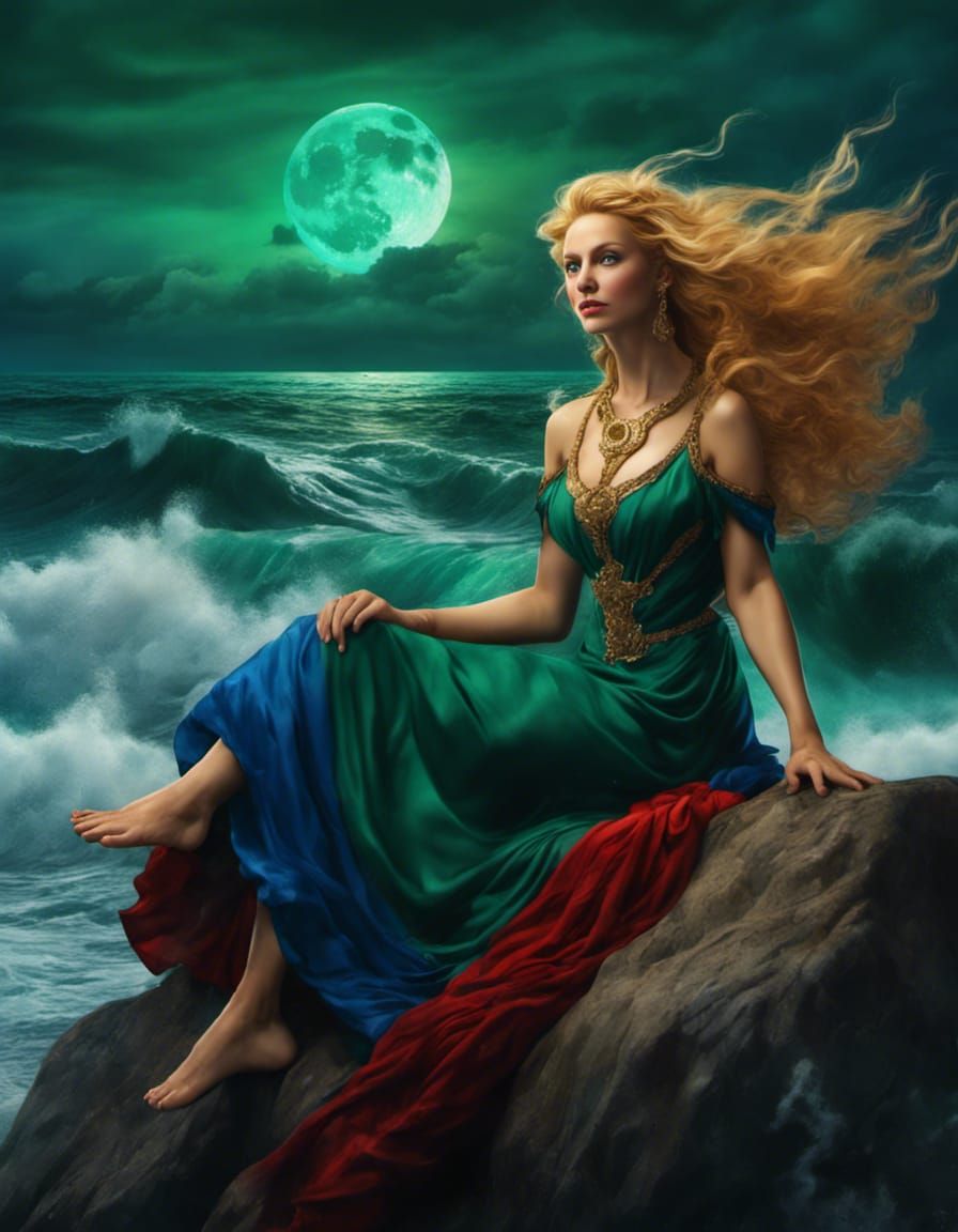 500 BCE Amazon female red blonde waving hair emerald green e...