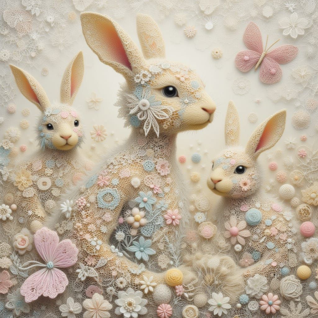 <lora:kak-lacemadness:1.0>Illustration of a lace collage, animal creatures covered in lace, in colored pastel lace